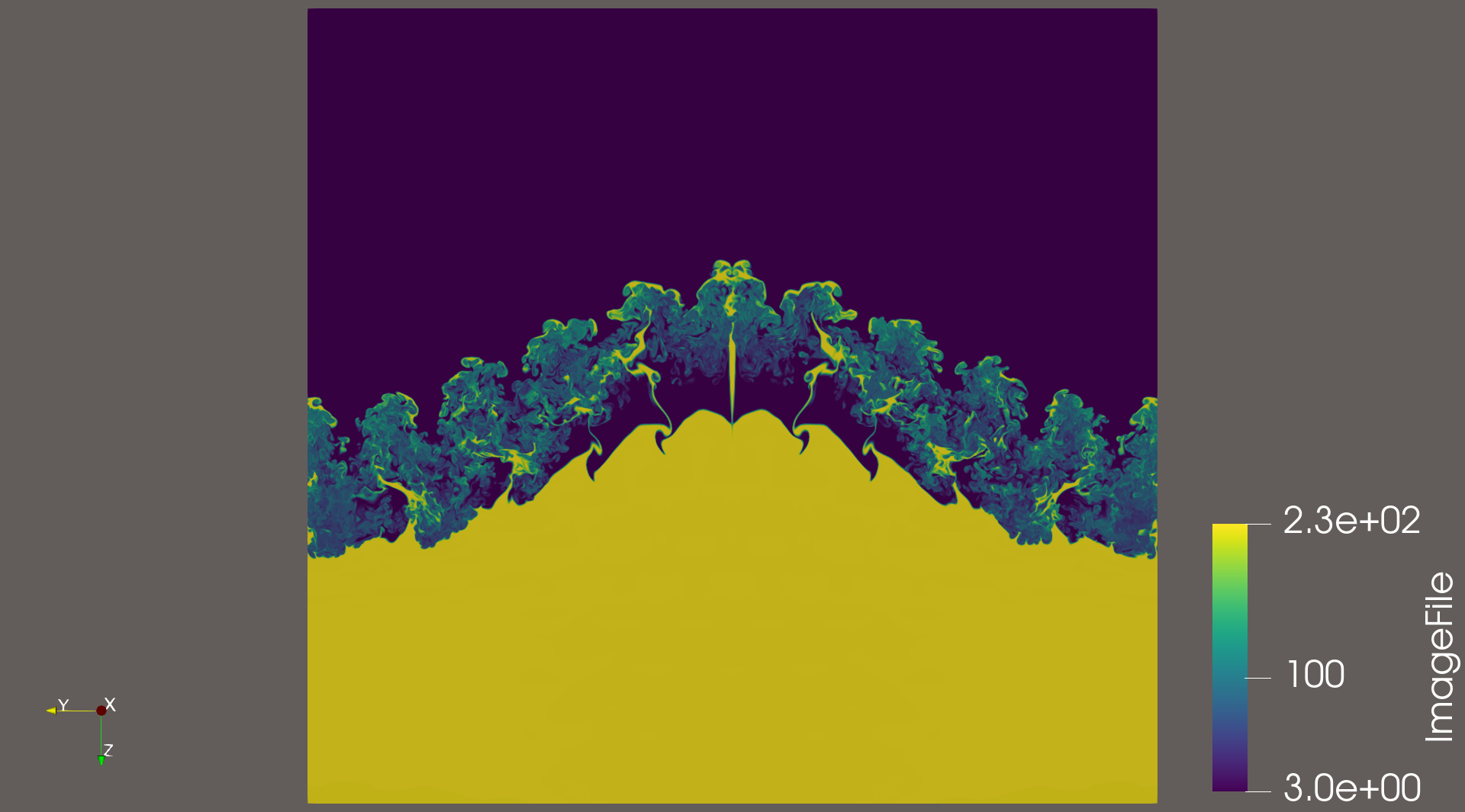 Slice through the Richtmyer–Meshkov volume along one axis